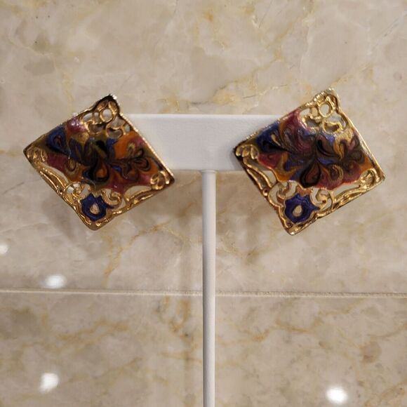 Pierced Earrings Enamel Surface Push Pin 1" square Vintage Style Stamped USA - Picture 1 of 12